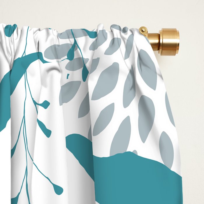 Floral Leaves and Blooms, Teal and Gray Window Curtain Gallery Image 2