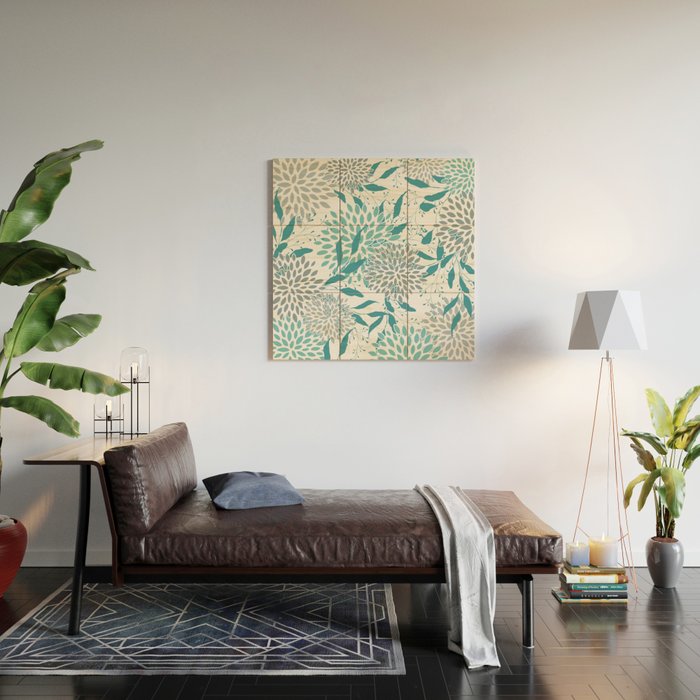 Floral Leaves and Blooms, Teal and Gray Wood Wall Art Gallery Image 2