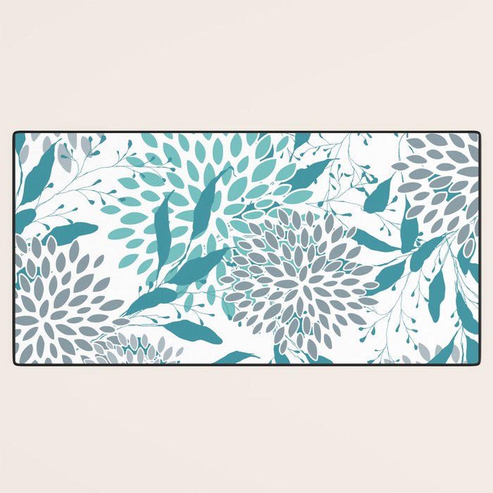 Floral Leaves and Blooms, Teal and Gray Desk Mat Gallery Image 3