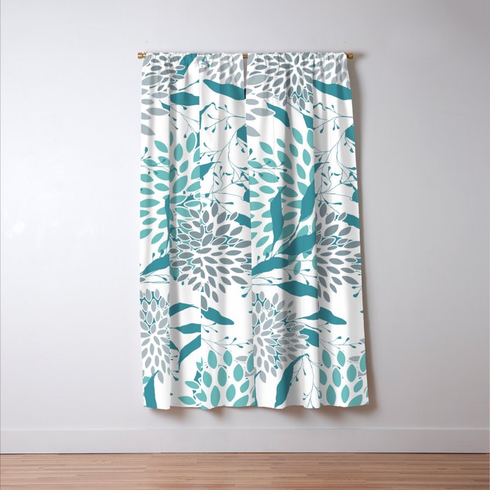 Floral Leaves and Blooms, Teal and Gray Window Curtain Gallery Image 3
