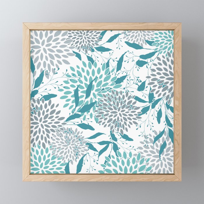 Floral Leaves and Blooms, Teal and Gray Mini Art Print Gallery Image 1