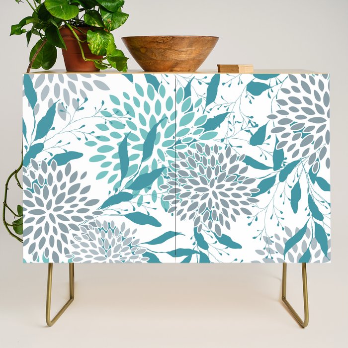 Floral Leaves and Blooms, Teal and Gray Credenza Gallery Image 1