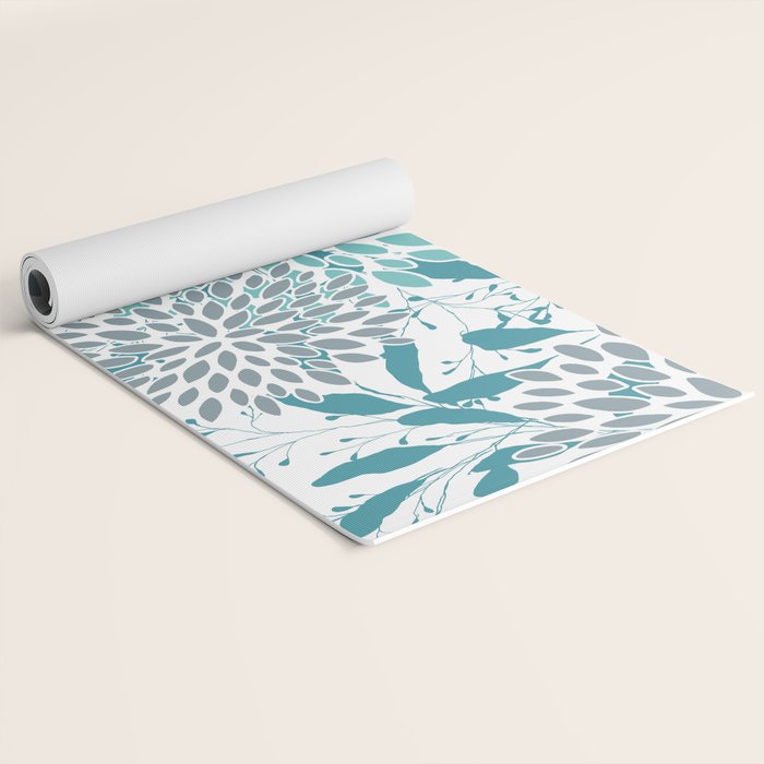 Floral Leaves and Blooms, Teal and Gray Yoga Mat Gallery Image 2