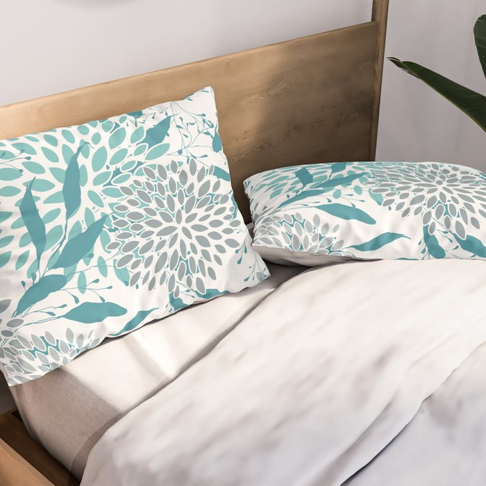 Floral Leaves and Blooms, Teal and Gray Pillow Sham Gallery Image 2
