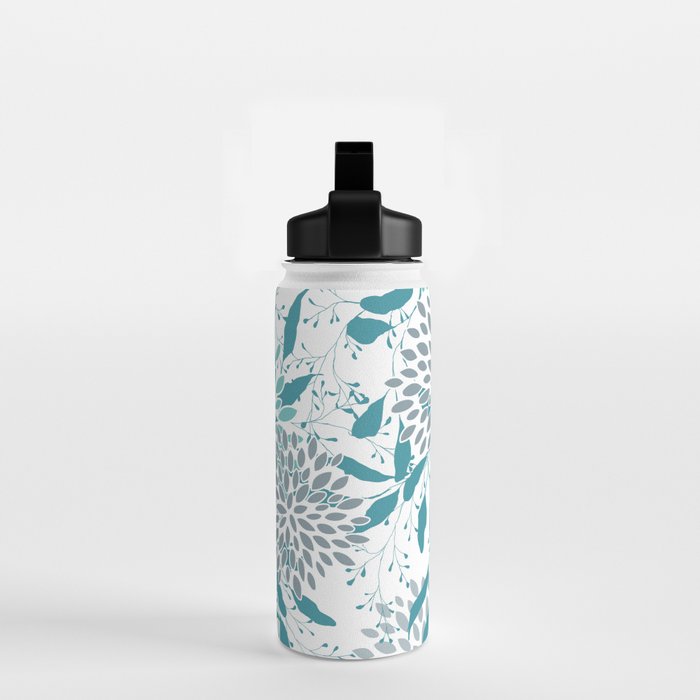 Floral Leaves and Blooms, Teal and Gray Water Bottle Gallery Image 2