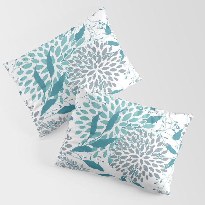 Floral Leaves and Blooms, Teal and Gray Pillow Sham Gallery Image 3