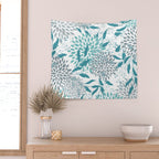 Floral Leaves and Blooms, Teal and Gray Wall Tapestry Gallery Image 2