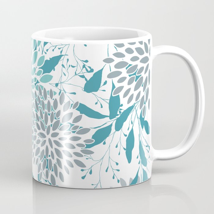 Floral Leaves and Blooms, Teal and Gray Coffee Mug Gallery Image 1