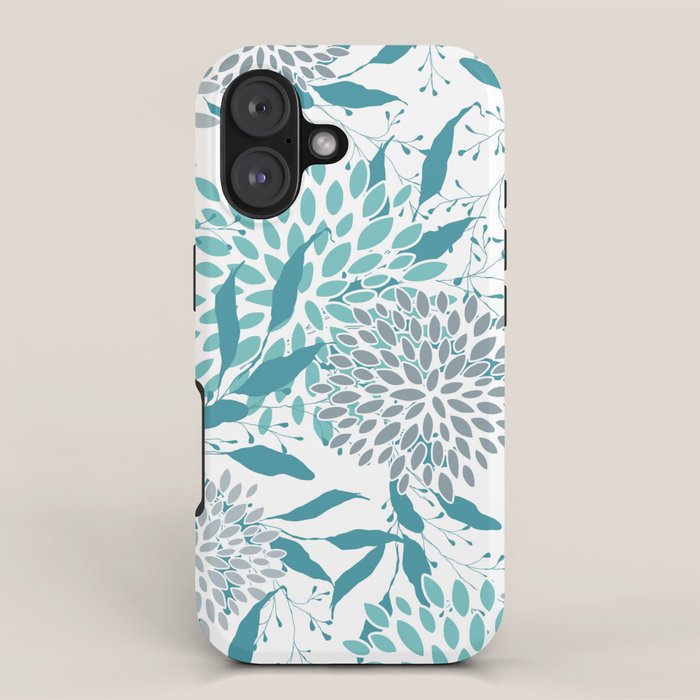 Floral Leaves and Blooms, Teal and Gray iPhone Case Gallery Image 1