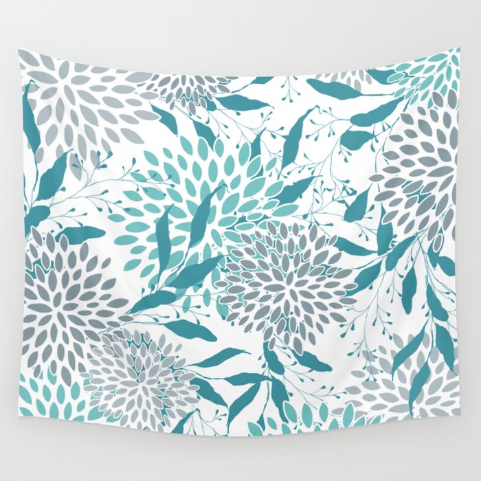Floral Leaves and Blooms, Teal and Gray Wall Tapestry Gallery Image 1