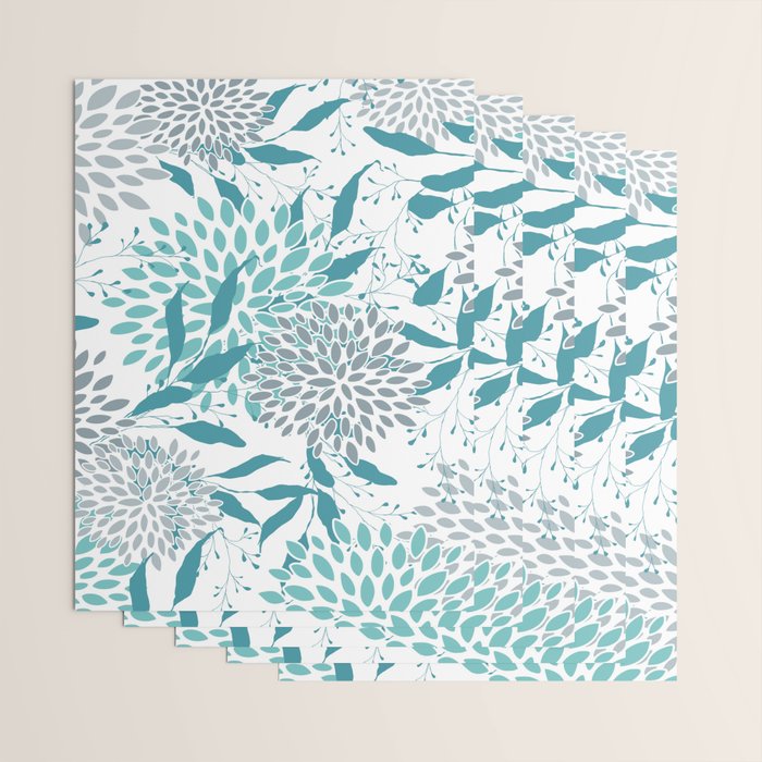 Floral Leaves and Blooms, Teal and Gray Wrapping Paper Gallery Image 3