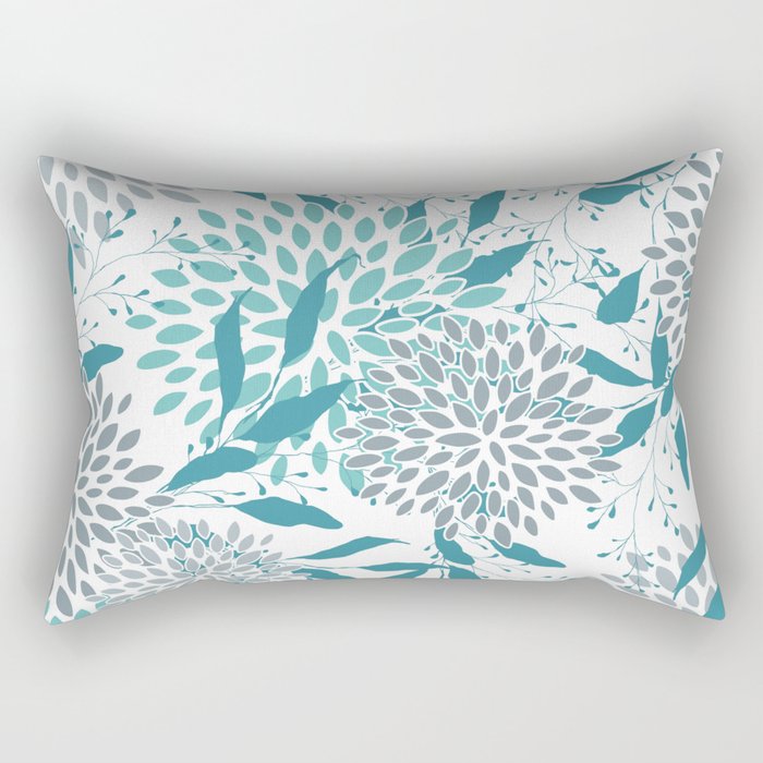 Floral Leaves and Blooms, Teal and Gray Rectangular Pillow Gallery Image 1