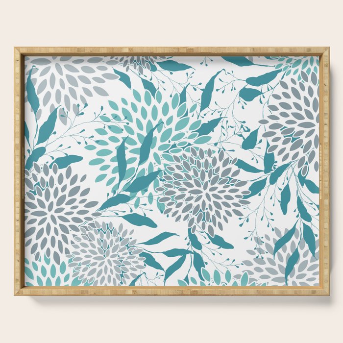 Floral Leaves and Blooms, Teal and Gray Serving Tray Gallery Image 1