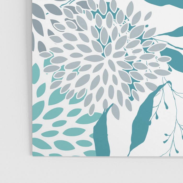 Floral Leaves and Blooms, Teal and Gray Poster Gallery Image 3