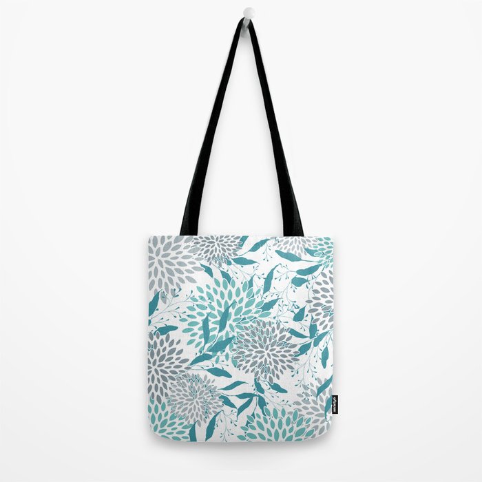 Floral Leaves and Blooms, Teal and Gray Tote Bag Gallery Image 2