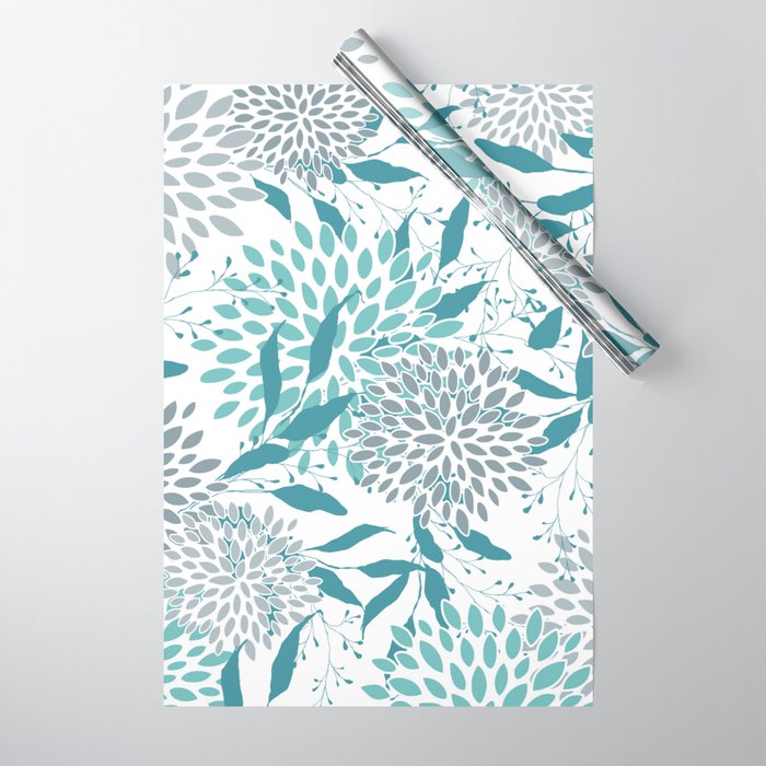 Floral Leaves and Blooms, Teal and Gray Wrapping Paper Gallery Image 1