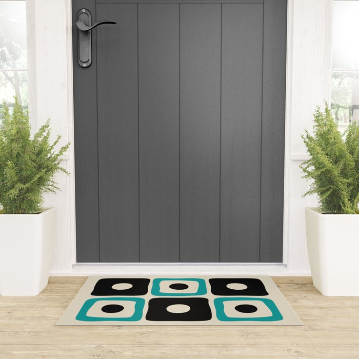 Mid Century Modern Square Dot Pattern 593 Black and Turquoise Welcome Mat Gallery Image 3