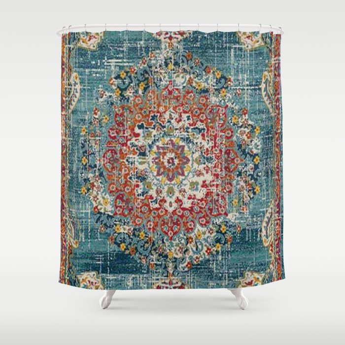 Antique oriental blue and orange carpet Shower Curtain Gallery Image 1