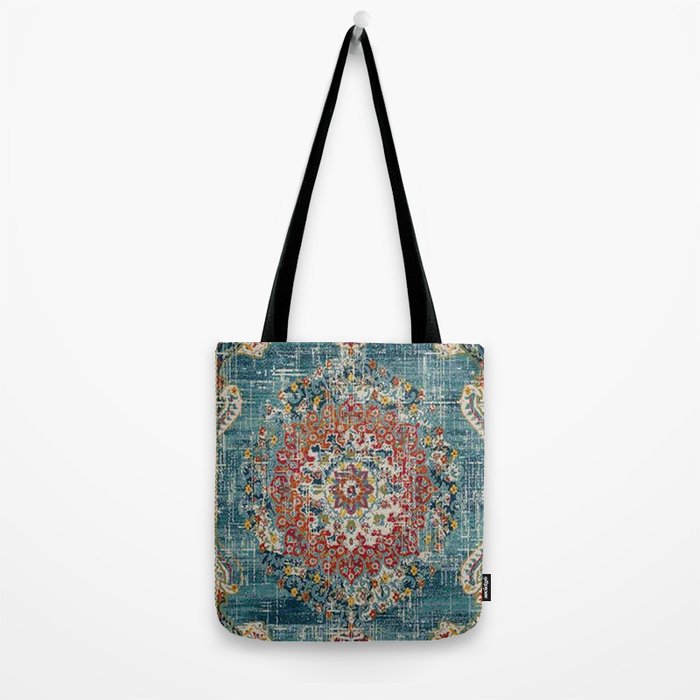 Antique oriental blue and orange carpet Tote Bag Gallery Image 2