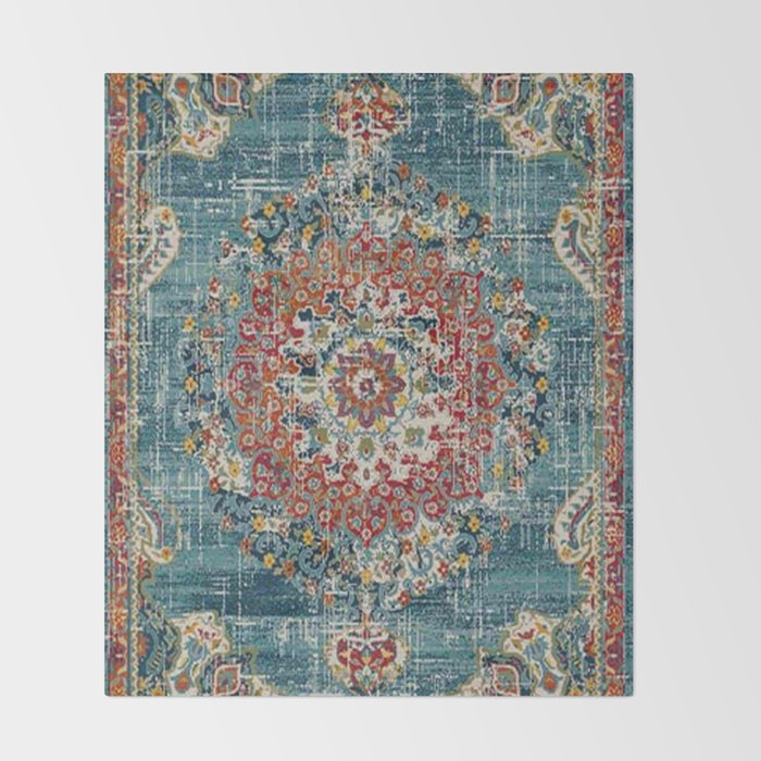 Antique oriental blue and orange carpet Throw Blanket Gallery Image 2