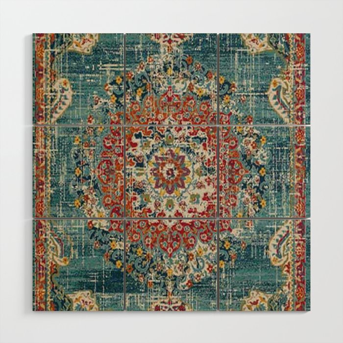 Antique oriental blue and orange carpet Wood Wall Art Gallery Image 1