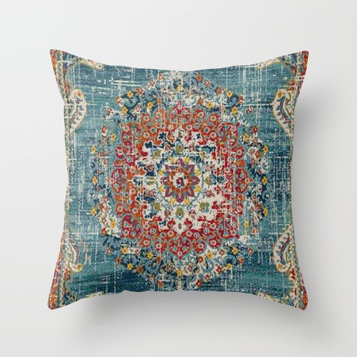 Antique oriental blue and orange carpet Throw Pillow Gallery Image 1