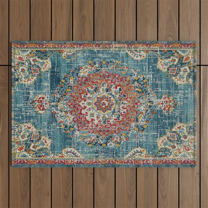 Antique oriental blue and orange carpet Outdoor Rug Gallery Image 1