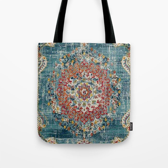 Antique oriental blue and orange carpet Tote Bag Gallery Image 1