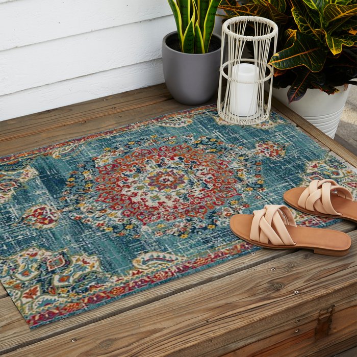 Antique oriental blue and orange carpet Outdoor Rug Gallery Image 2