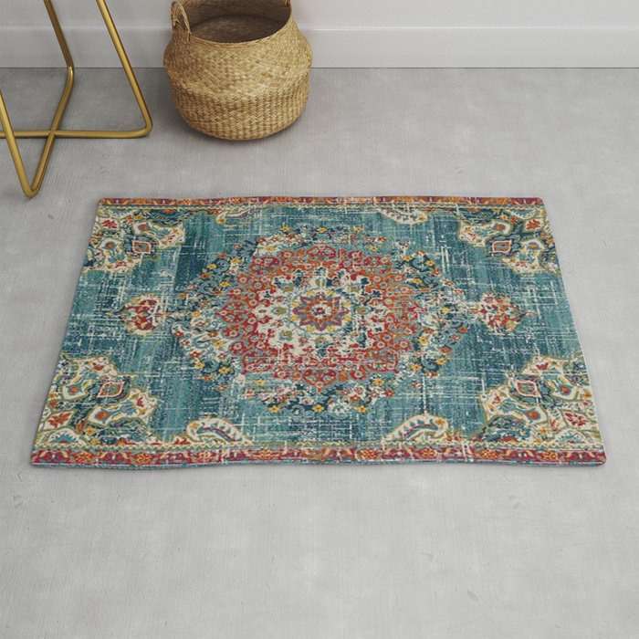 Antique oriental blue and orange carpet Rug Gallery Image 1