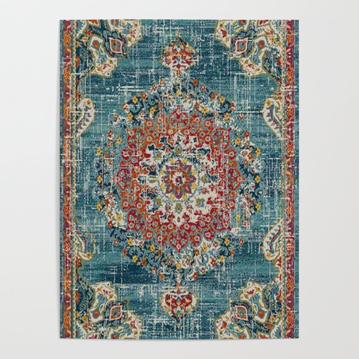 Antique oriental blue and orange carpet Poster Gallery Image 4