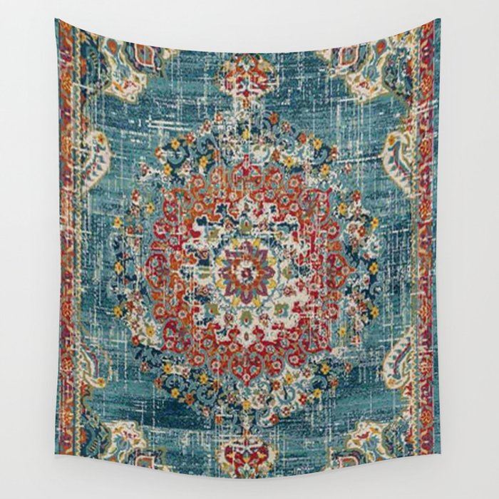 Antique oriental blue and orange carpet Wall Tapestry Gallery Image 4