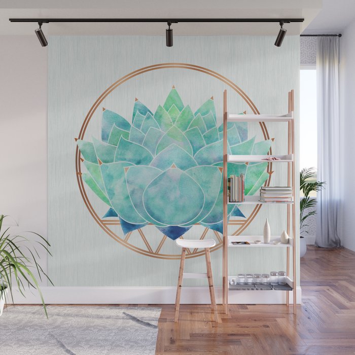 Modern Succulent with Metallic Gold Watercolor Wall Mural Gallery Image 1