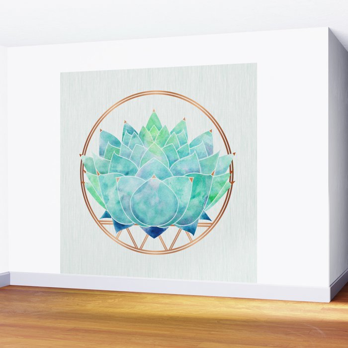 Modern Succulent with Metallic Gold Watercolor Wall Mural Gallery Image 2