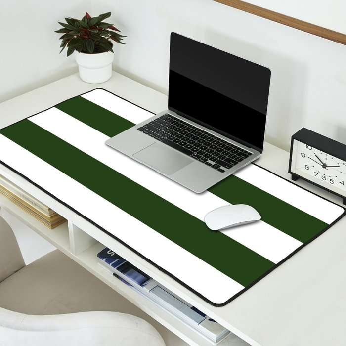 Large Dark Forest Green and White Cabana Tent Stripes Desk Mat Gallery Image 2