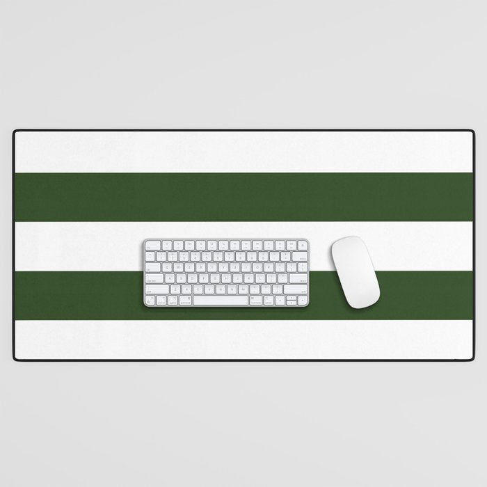 Large Dark Forest Green and White Cabana Tent Stripes Desk Mat Gallery Image 1