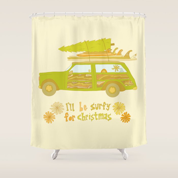 Surfy Christmas Wagon reto surf art by surfy birdy  Shower Curtain Gallery Image 1
