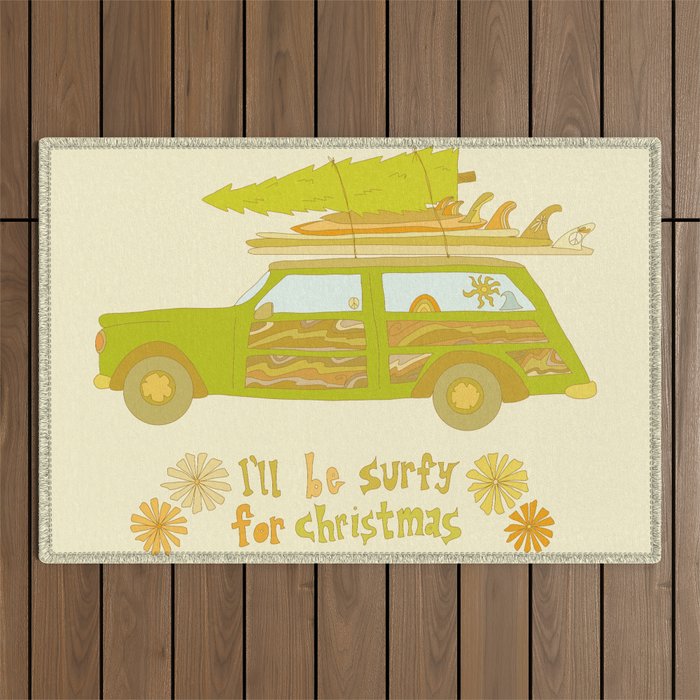 Surfy Christmas Wagon reto surf art by surfy birdy  Outdoor Rug Gallery Image 1
