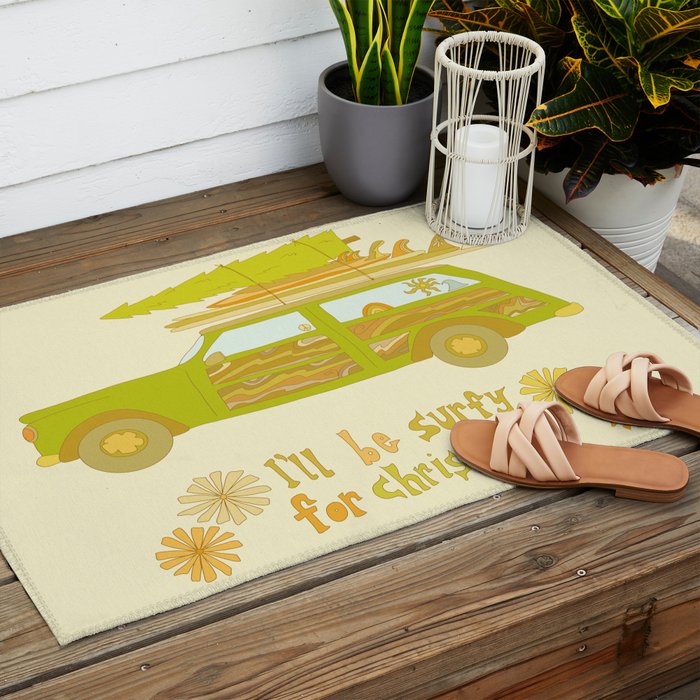 Surfy Christmas Wagon reto surf art by surfy birdy  Outdoor Rug Gallery Image 2