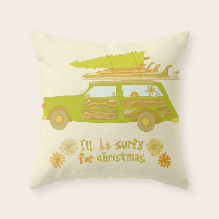 Surfy Christmas Wagon reto surf art by surfy birdy  Throw Pillow Gallery Image 1