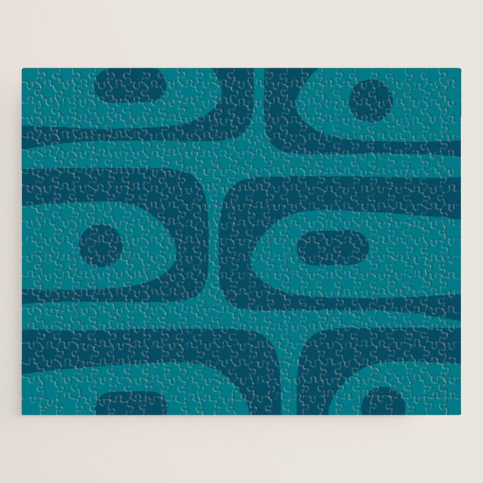 Mid Century Modern Piquet Abstract Pattern in Teal and Blue Jigsaw Puzzle Gallery Image 1
