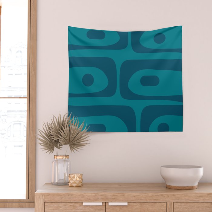 Mid Century Modern Piquet Abstract Pattern in Teal and Blue Wall Tapestry Gallery Image 2