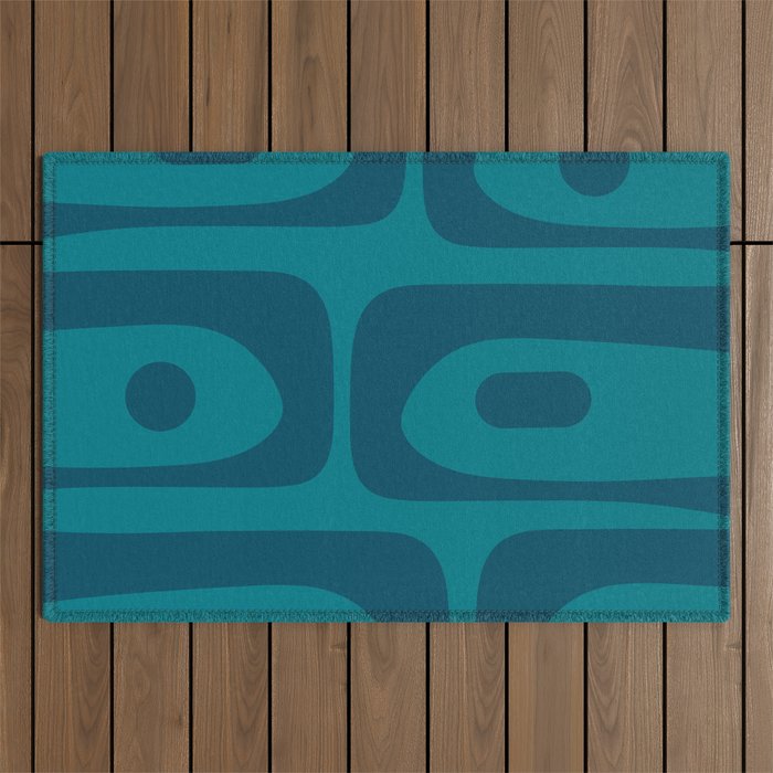 Mid Century Modern Piquet Abstract Pattern in Teal and Blue Outdoor Rug Gallery Image 1