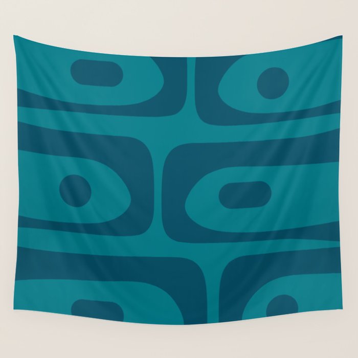 Mid Century Modern Piquet Abstract Pattern in Teal and Blue Wall Tapestry Gallery Image 1