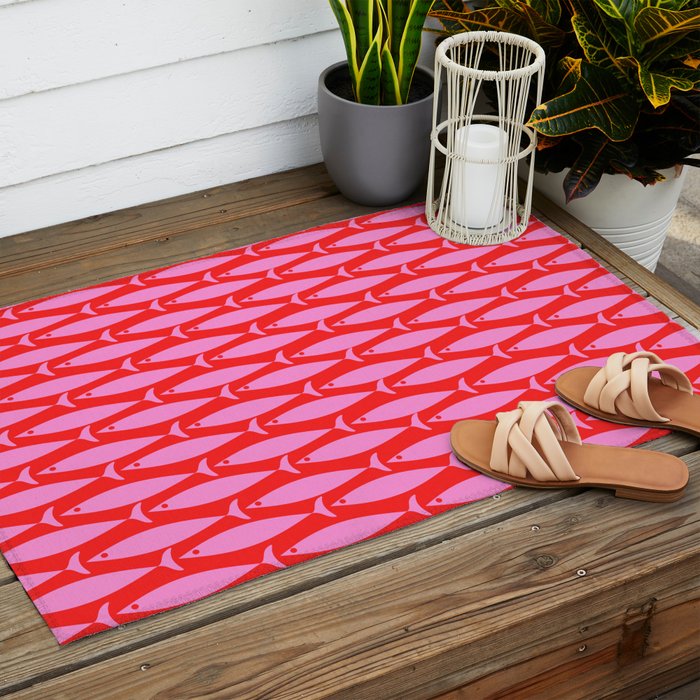 Geometric Fish Preppy Pink and Red Pattern Outdoor Rug Gallery Image 2