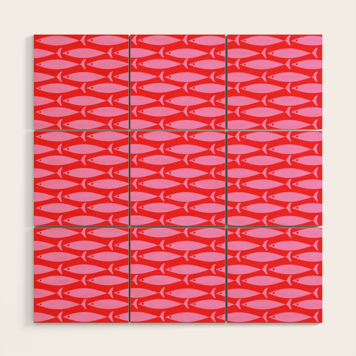 Geometric Fish Preppy Pink and Red Pattern Wood Wall Art Gallery Image 1