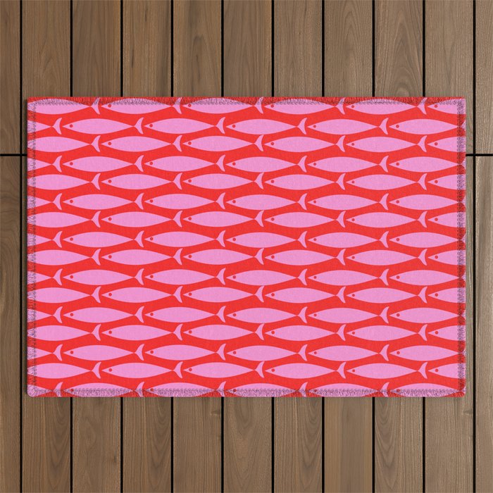 Geometric Fish Preppy Pink and Red Pattern Outdoor Rug Gallery Image 1