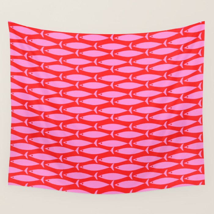 Geometric Fish Preppy Pink and Red Pattern Wall Tapestry Gallery Image 1