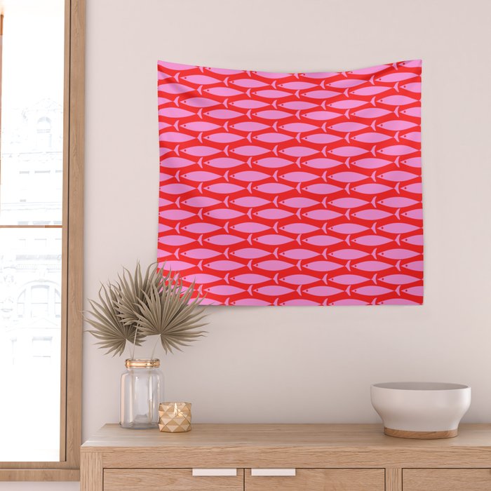 Geometric Fish Preppy Pink and Red Pattern Wall Tapestry Gallery Image 2