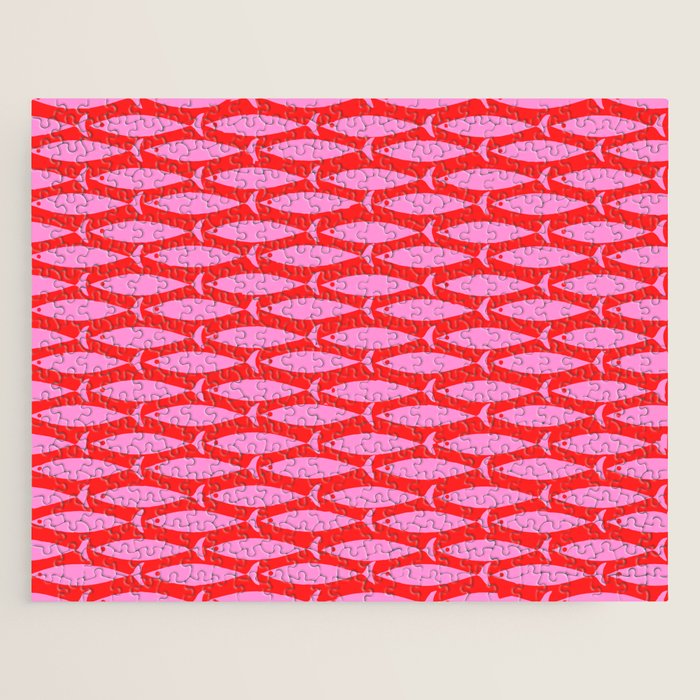 Geometric Fish Preppy Pink and Red Pattern Jigsaw Puzzle Gallery Image 1